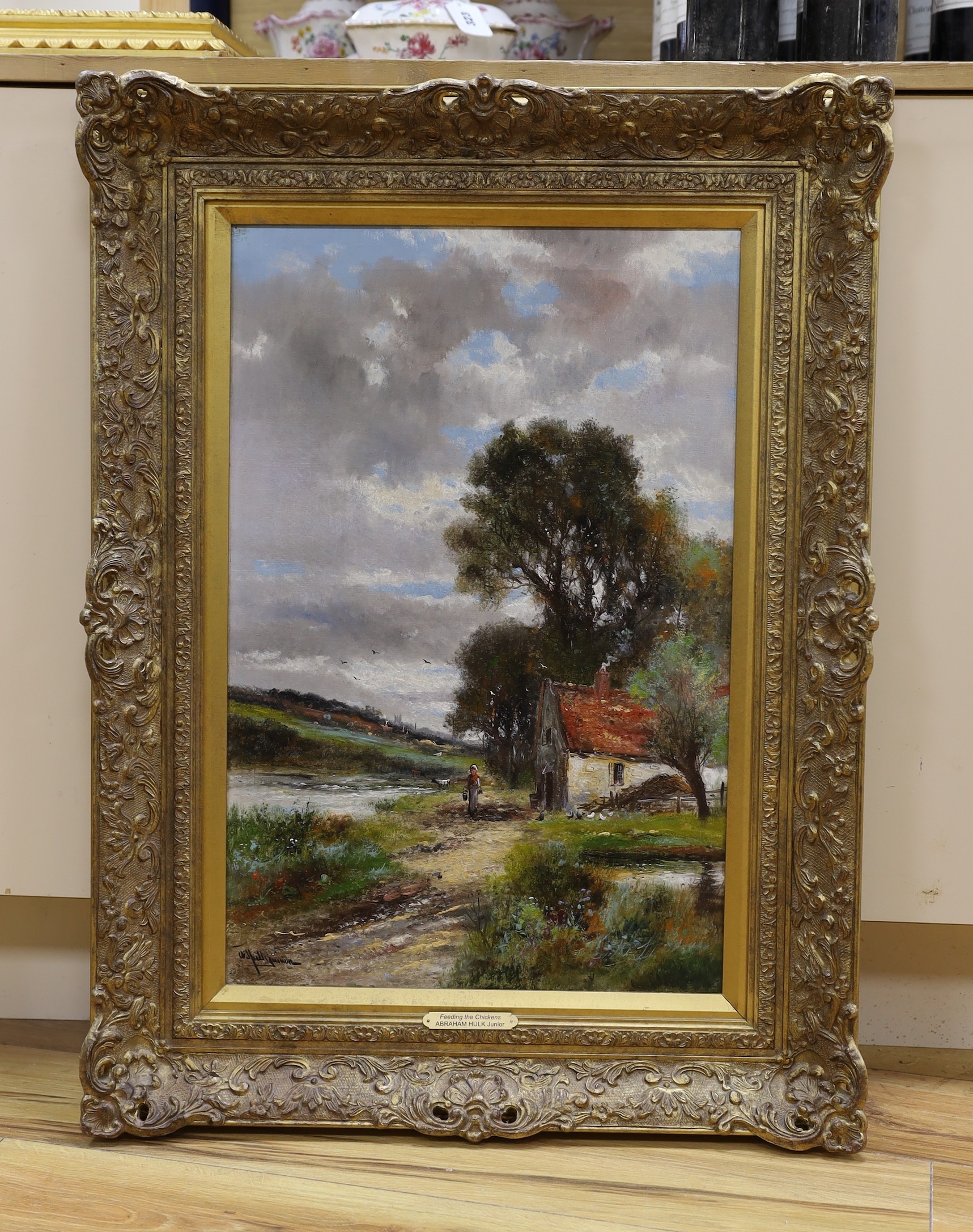 Abraham Hulk Jnr (1851-1922), oil on canvas, ‘Feeding The Chickens’, signed, 60 x 39cm